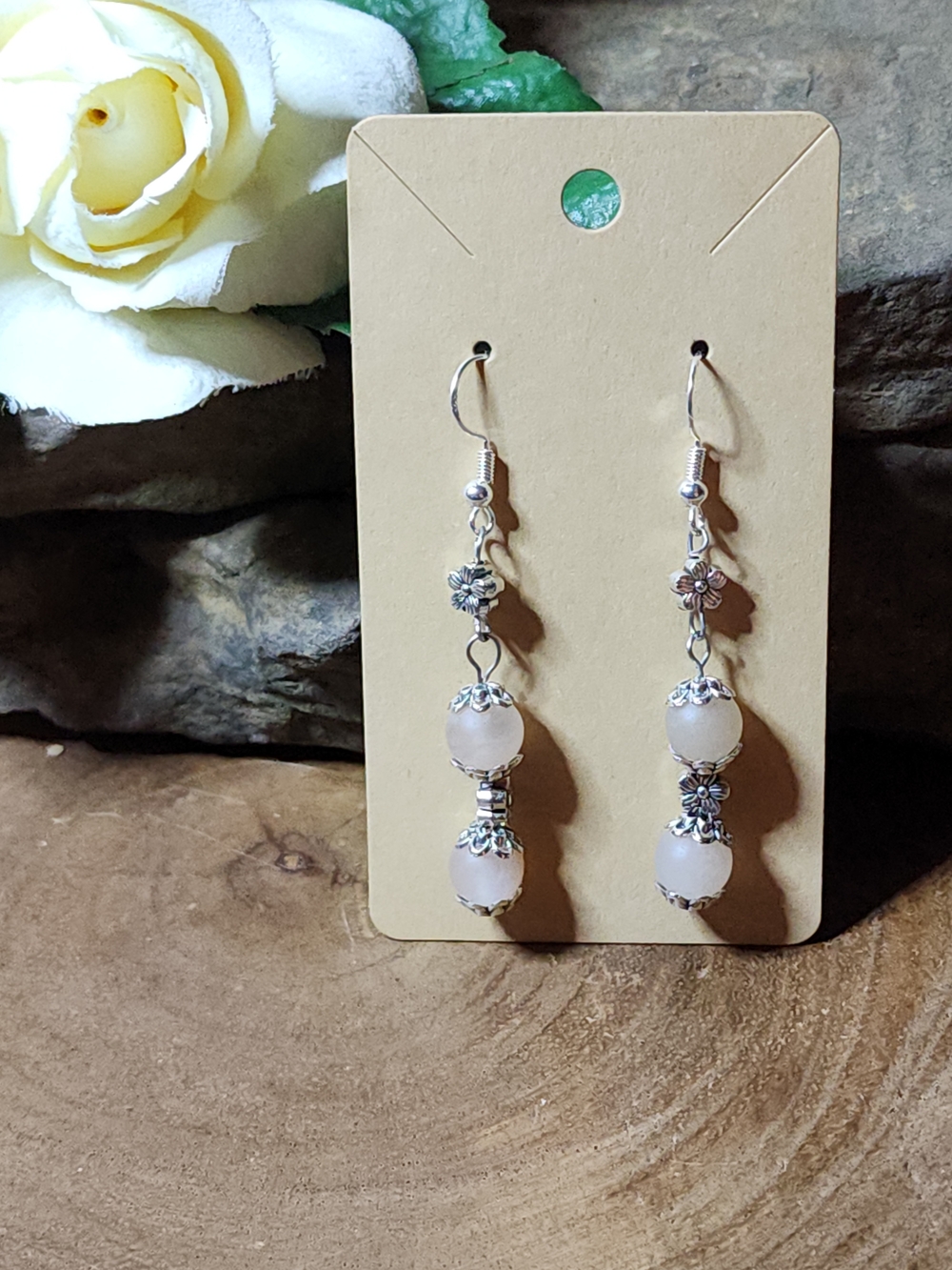 Silver Toned Floral Drop Earrings with Pale Cream Colored Stone Beads